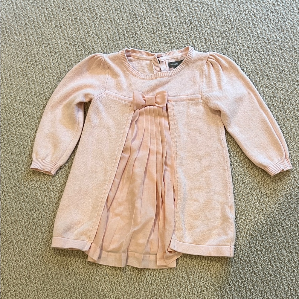 Baby GAP Pink Knit Dress 18-24 Months Long Sleeve Bow Pleated Front Toddler Girl